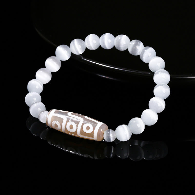 Tibetan Nine-eye Dzi Bead Natural Sandalwood White Cat's Eye Agate Power Protection Bracelet