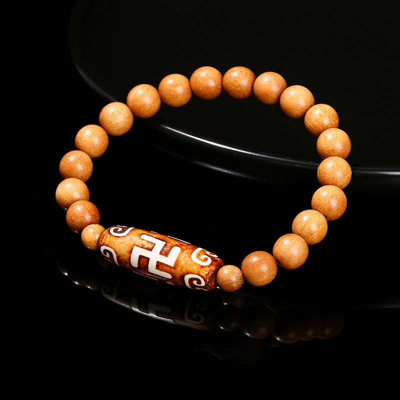 Tibetan Nine-eye Dzi Bead Natural Sandalwood White Cat's Eye Agate Power Protection Bracelet