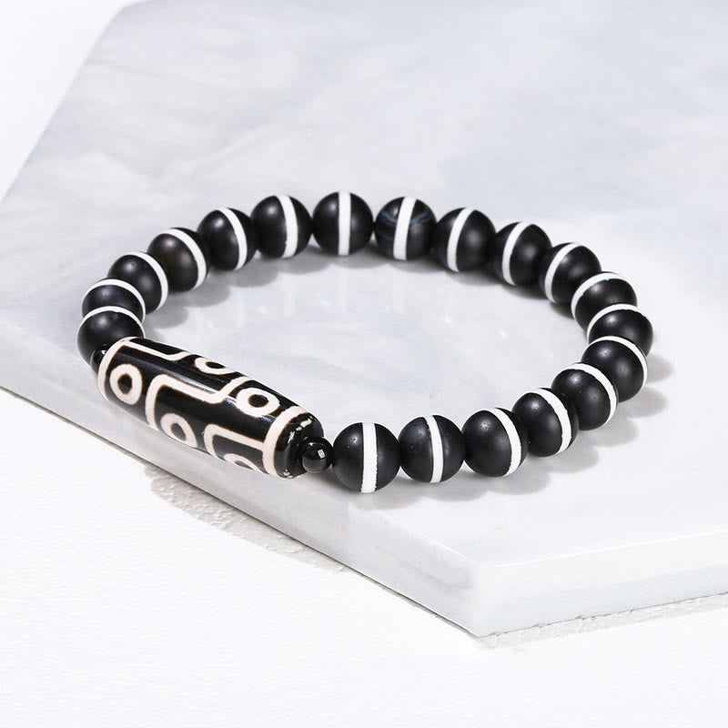 Tibetan Nine-eye Dzi Bead Natural Sandalwood White Cat's Eye Agate Power Protection Bracelet