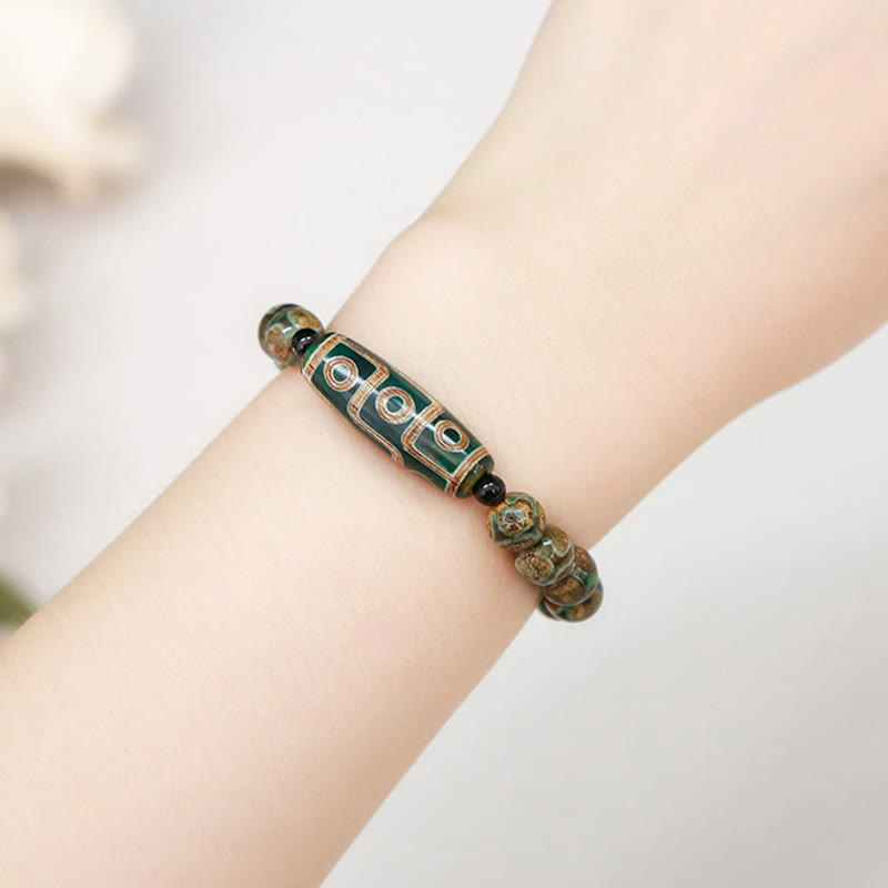 Tibetan Nine-eye Dzi Bead Natural Sandalwood White Cat's Eye Agate Power Protection Bracelet