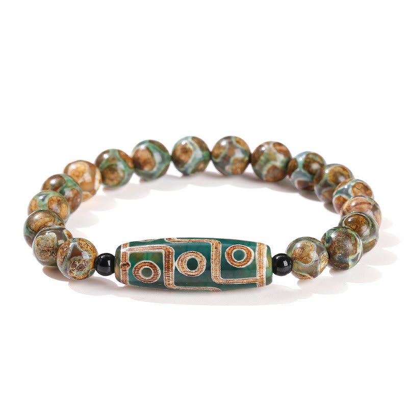 Tibetan Nine-eye Dzi Bead Natural Sandalwood White Cat's Eye Agate Power Protection Bracelet