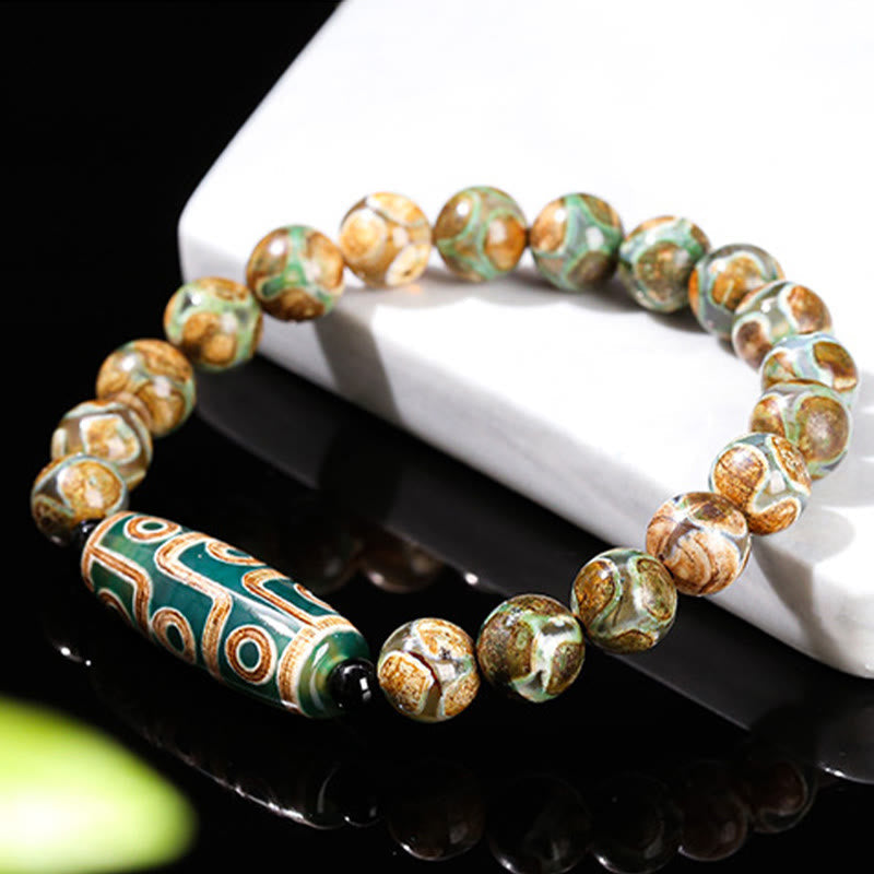 Tibetan Nine-eye Dzi Bead Natural Sandalwood White Cat's Eye Agate Power Protection Bracelet