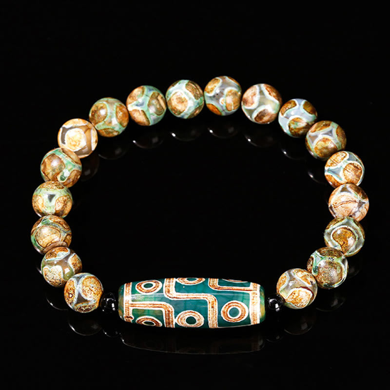 Tibetan Nine-eye Dzi Bead Natural Sandalwood White Cat's Eye Agate Power Protection Bracelet