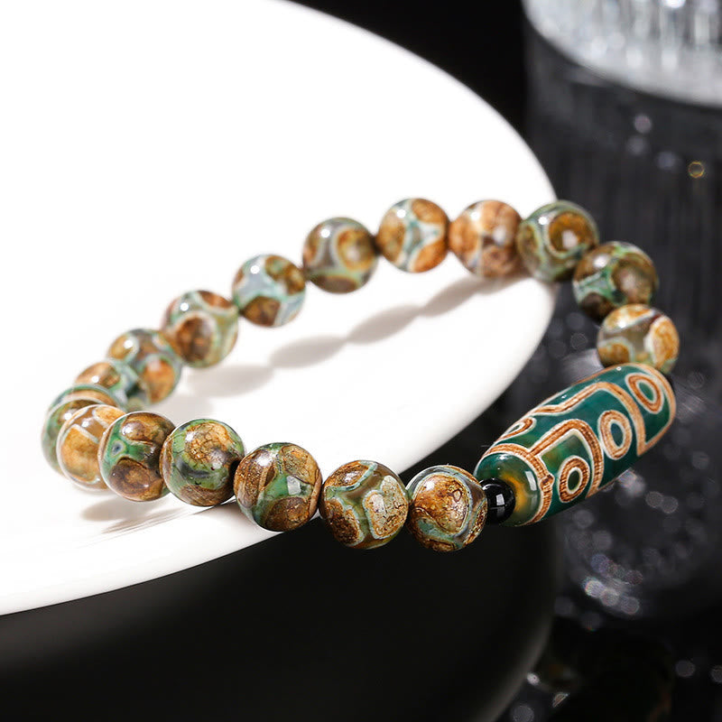 Tibetan Nine-eye Dzi Bead Natural Sandalwood White Cat's Eye Agate Power Protection Bracelet