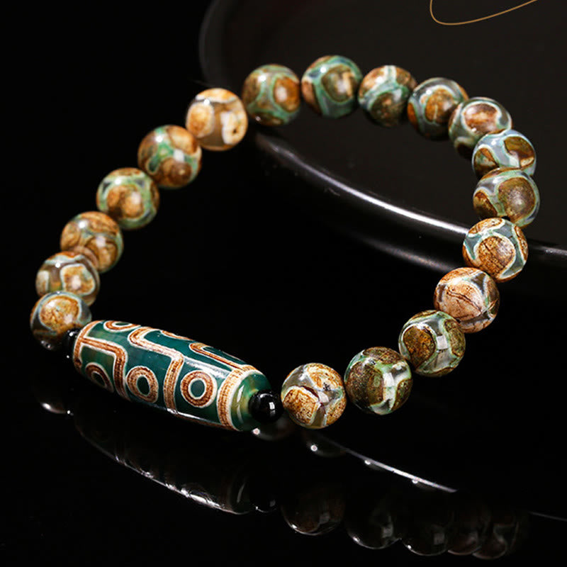 Tibetan Nine-eye Dzi Bead Natural Sandalwood White Cat's Eye Agate Power Protection Bracelet