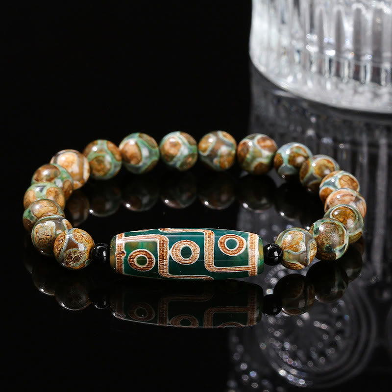 Tibetan Nine-eye Dzi Bead Natural Sandalwood White Cat's Eye Agate Power Protection Bracelet