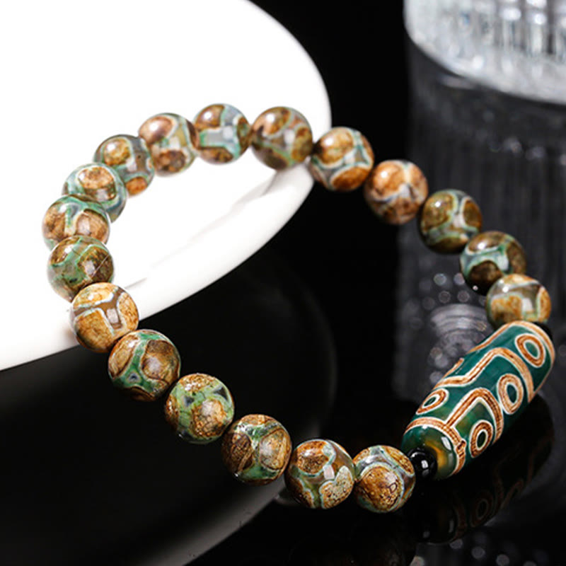 Tibetan Nine-eye Dzi Bead Natural Sandalwood White Cat's Eye Agate Power Protection Bracelet