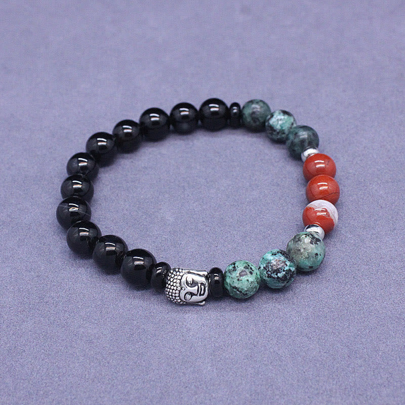 Natural Mixed Gemstone Beaded Bracelet with Buddha Head Charm