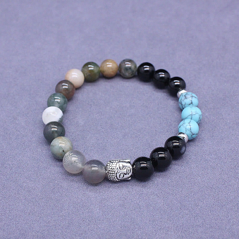 Natural Mixed Gemstone Beaded Bracelet with Buddha Head Charm