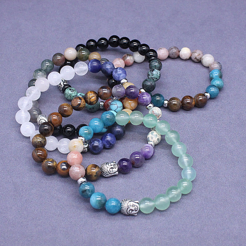 Natural Mixed Gemstone Beaded Bracelet with Buddha Head Charm