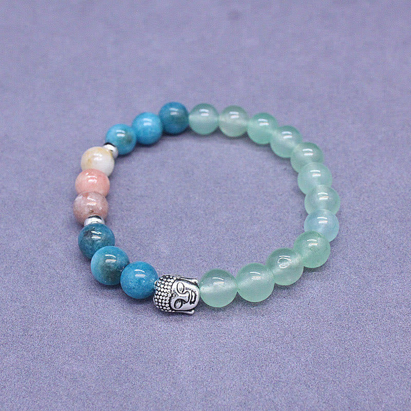 Natural Mixed Gemstone Beaded Bracelet with Buddha Head Charm