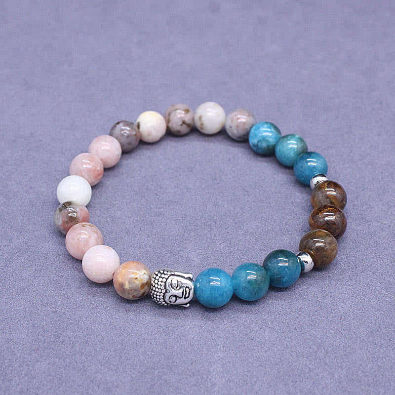 Natural Mixed Gemstone Beaded Bracelet with Buddha Head Charm