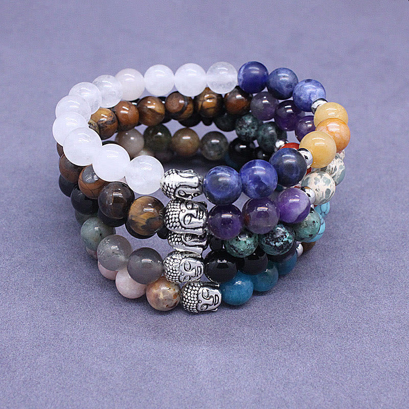 Natural Mixed Gemstone Beaded Bracelet with Buddha Head Charm
