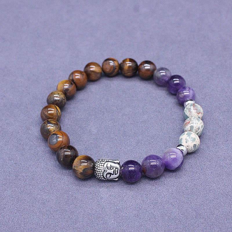 Natural Mixed Gemstone Beaded Bracelet with Buddha Head Charm