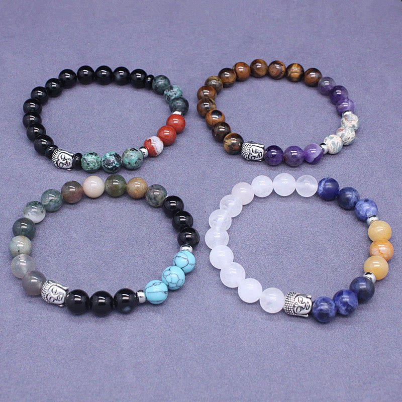 Natural Mixed Gemstone Beaded Bracelet with Buddha Head Charm