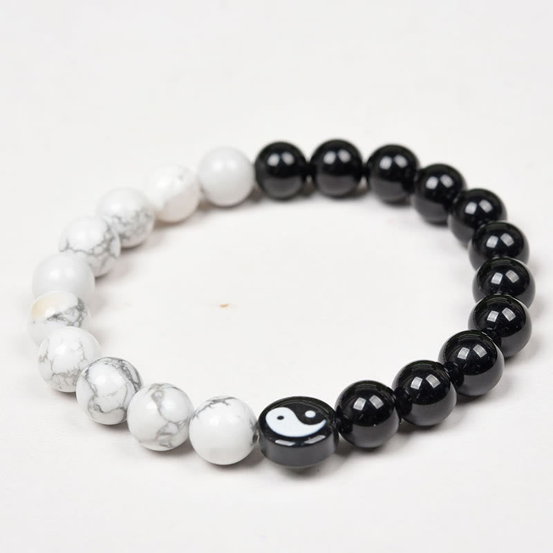 Natural Obsidian White Turquoise Yinyang Tai Chi Strength Bracelet