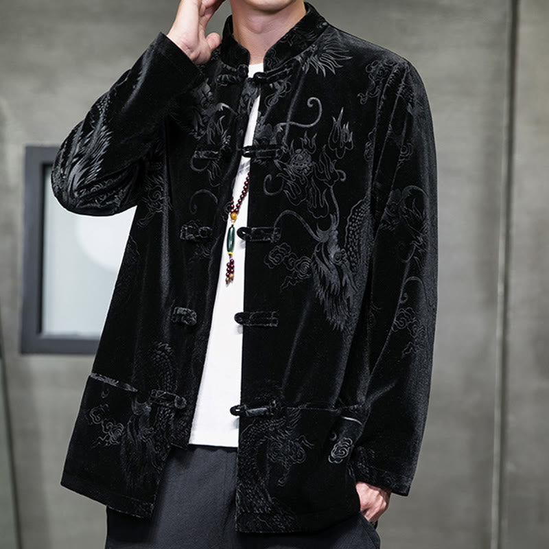 Men's Frog-button Tang Suit Dragon Pattern Lisvelte Cotton Jacket Shirt With Pockets