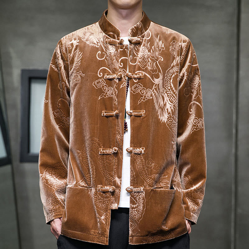 Men's Frog-button Tang Suit Dragon Pattern Lisvelte Cotton Jacket Shirt With Pockets