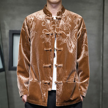 Men's Frog-button Tang Suit Dragon Pattern Lisvelte Cotton Jacket Shirt With Pockets