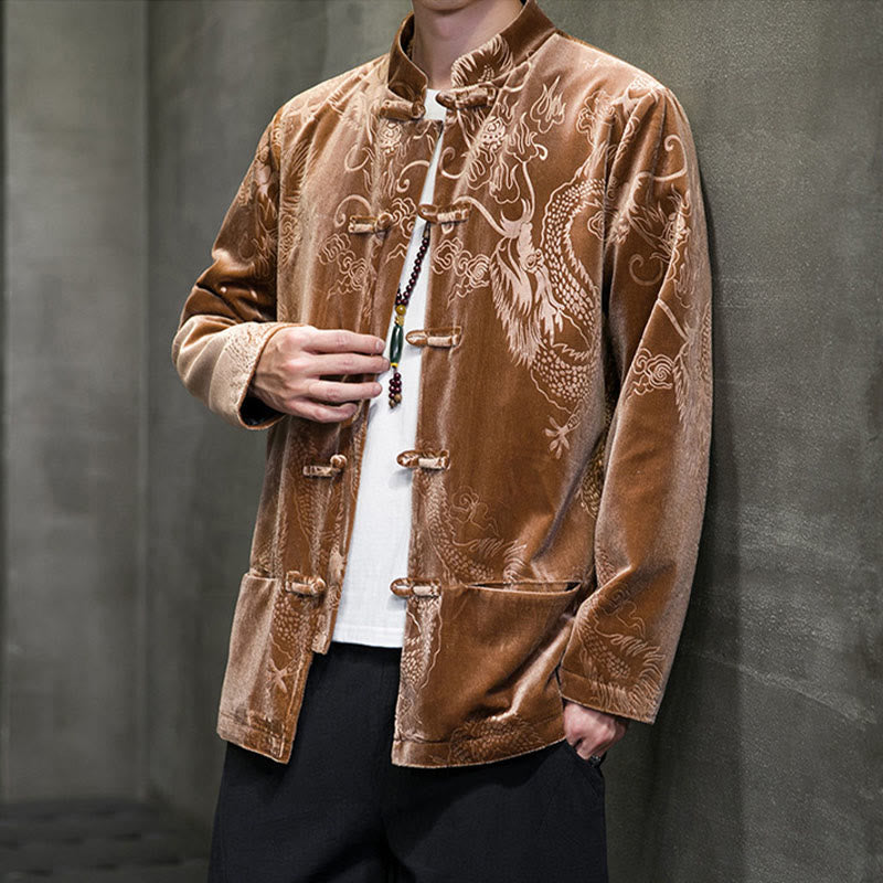 Men's Frog-button Tang Suit Dragon Pattern Lisvelte Cotton Jacket Shirt With Pockets