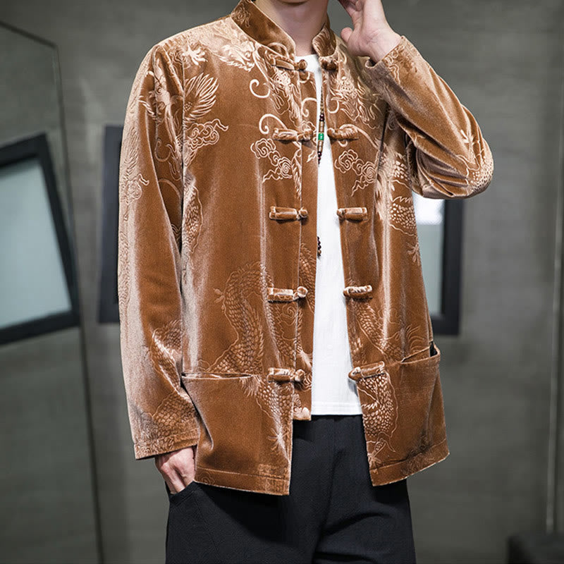 Men's Frog-button Tang Suit Dragon Pattern Lisvelte Cotton Jacket Shirt With Pockets