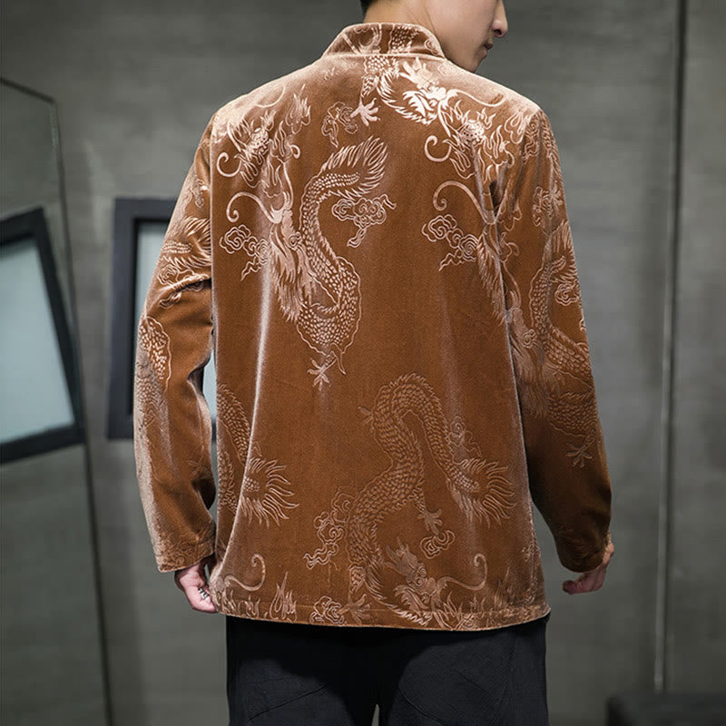 Men's Frog-button Tang Suit Dragon Pattern Lisvelte Cotton Jacket Shirt With Pockets