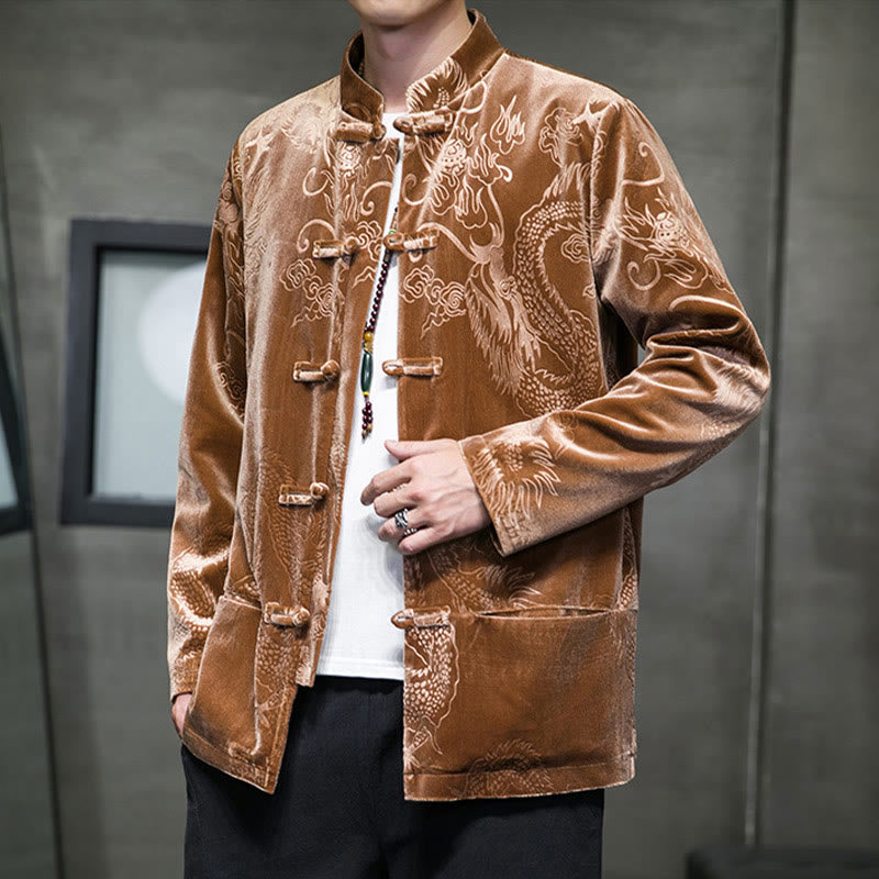 Men's Frog-button Tang Suit Dragon Pattern Lisvelte Cotton Jacket Shirt With Pockets