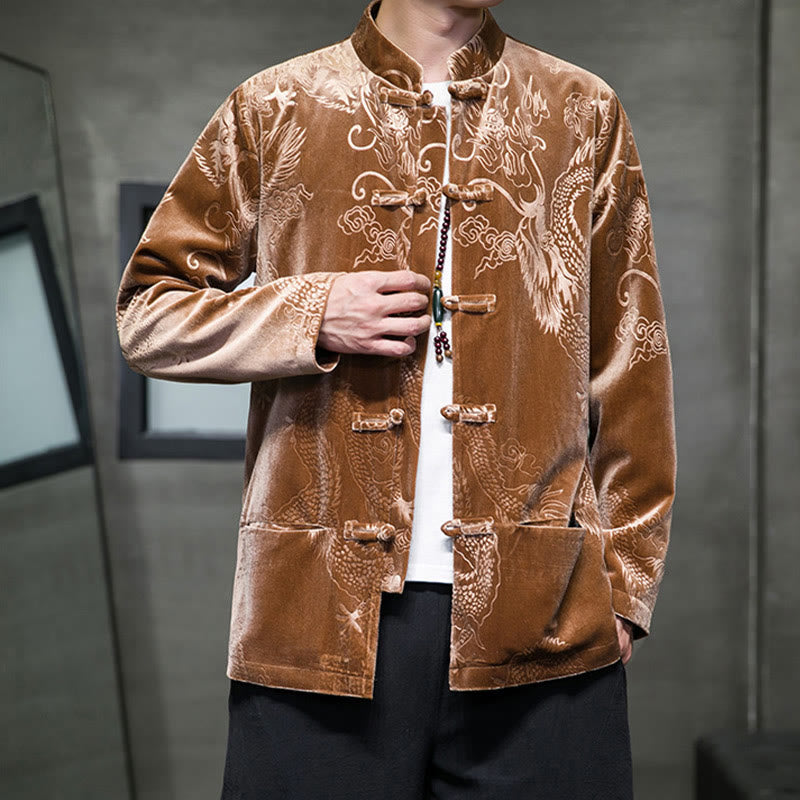 Men's Frog-button Tang Suit Dragon Pattern Lisvelte Cotton Jacket Shirt With Pockets