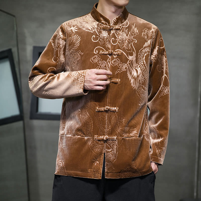 Men's Frog-button Tang Suit Dragon Pattern Lisvelte Cotton Jacket Shirt With Pockets