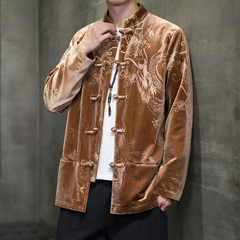 Men's Frog-button Tang Suit Dragon Pattern Lisvelte Cotton Jacket Shirt With Pockets
