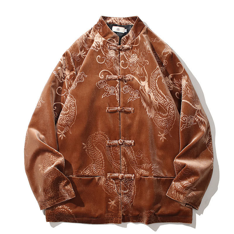 Men's Frog-button Tang Suit Dragon Pattern Lisvelte Cotton Jacket Shirt With Pockets