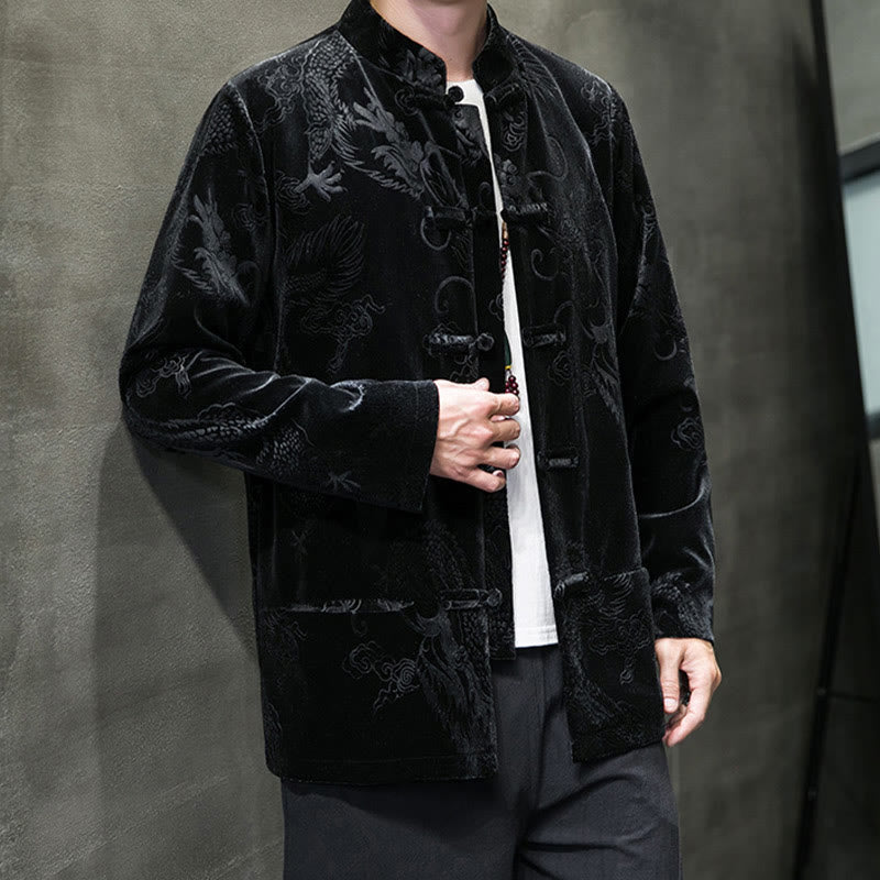 Men's Frog-button Tang Suit Dragon Pattern Lisvelte Cotton Jacket Shirt With Pockets