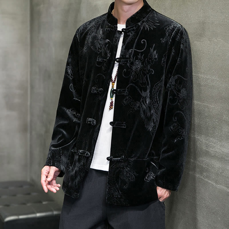 Men's Frog-button Tang Suit Dragon Pattern Lisvelte Cotton Jacket Shirt With Pockets
