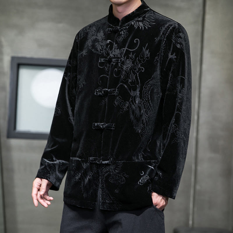 Men's Frog-button Tang Suit Dragon Pattern Lisvelte Cotton Jacket Shirt With Pockets