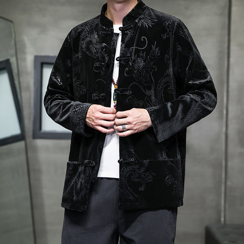 Men's Frog-button Tang Suit Dragon Pattern Lisvelte Cotton Jacket Shirt With Pockets