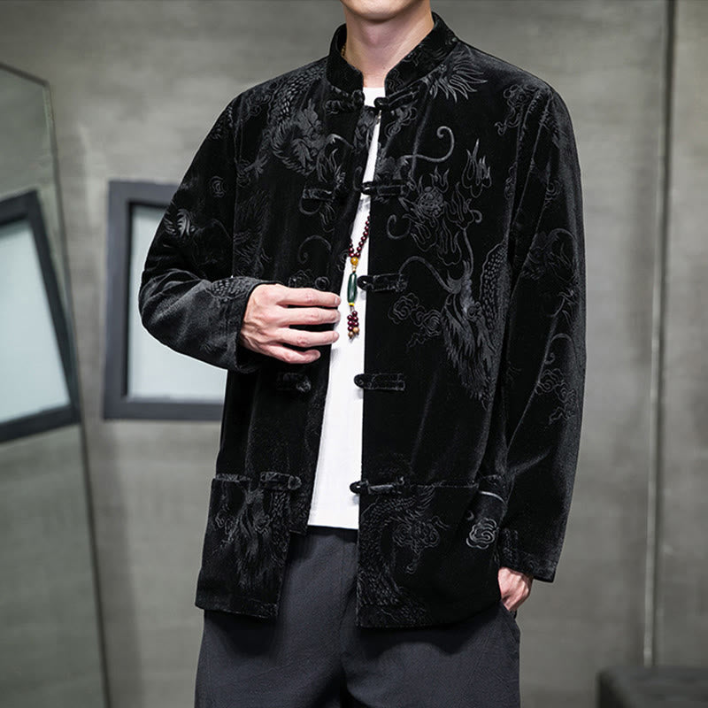 Men's Frog-button Tang Suit Dragon Pattern Lisvelte Cotton Jacket Shirt With Pockets