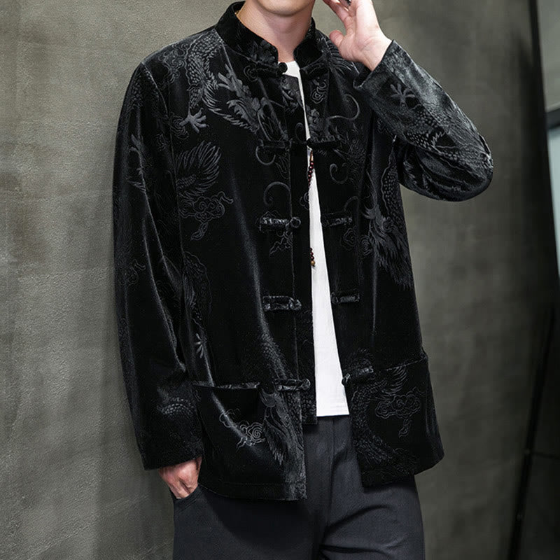 Men's Frog-button Tang Suit Dragon Pattern Lisvelte Cotton Jacket Shirt With Pockets