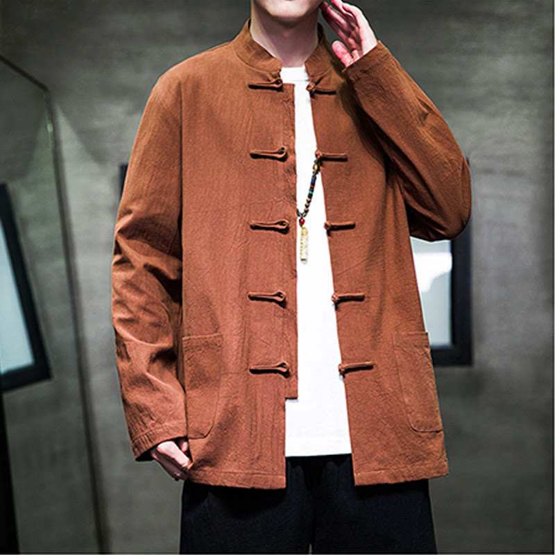Tactile Cotton Linen Stand Collar Meditation Jacket Shirt