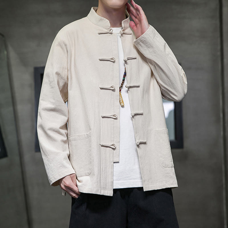 Tactile Cotton Linen Stand Collar Meditation Jacket Shirt