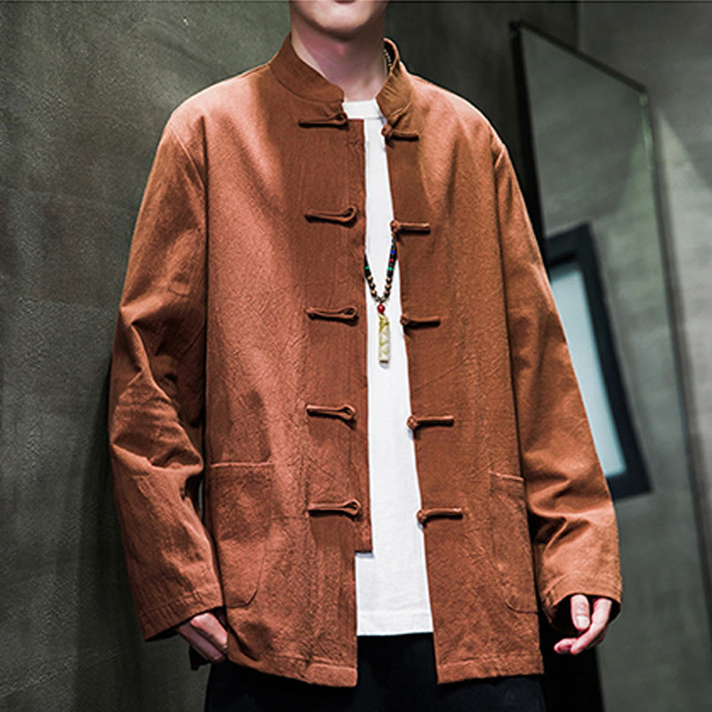 Tactile Cotton Linen Stand Collar Meditation Jacket Shirt