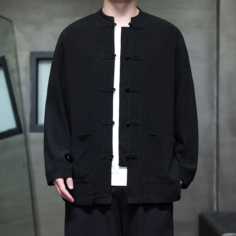 Casual Plain Color Frog-button Linen Men's Jacket Shirt With Pockets