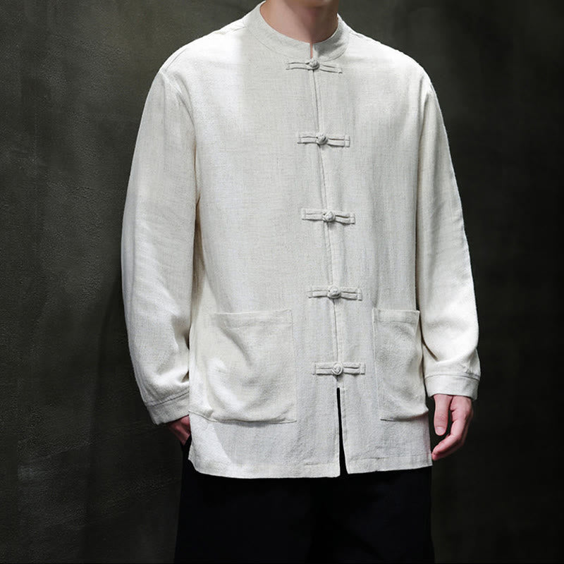 Casual Plain Color Frog-button Linen Men's Jacket Shirt With Pockets