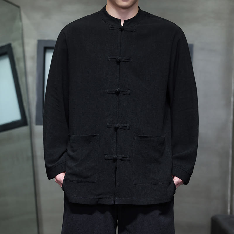 Casual Plain Color Frog-button Linen Men's Jacket Shirt With Pockets