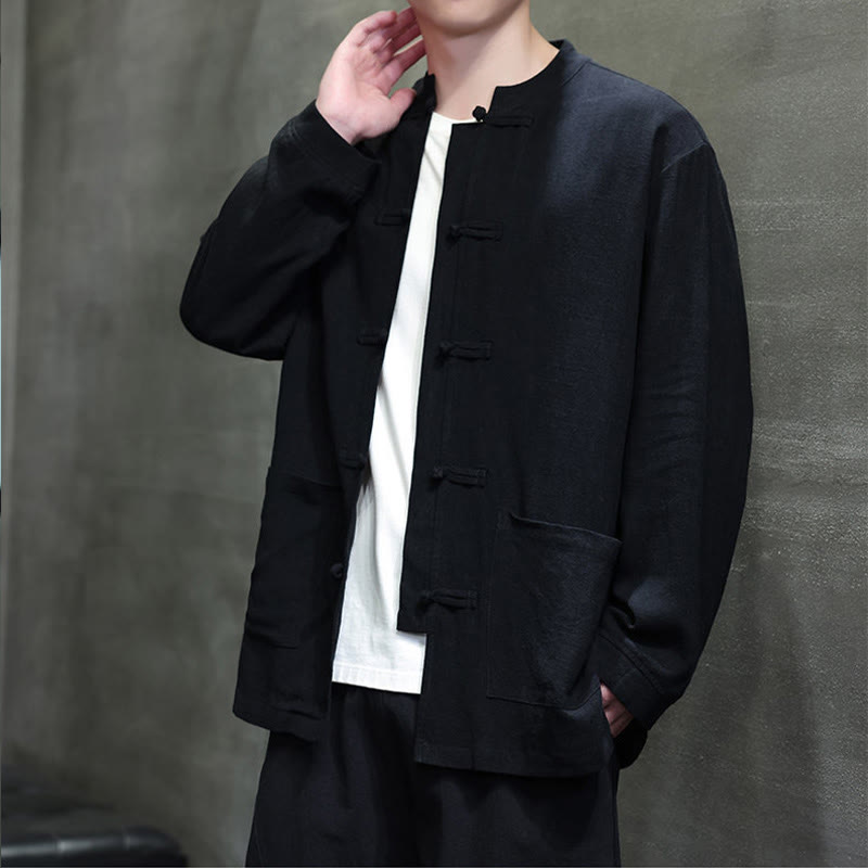 Casual Plain Color Frog-button Linen Men's Jacket Shirt With Pockets