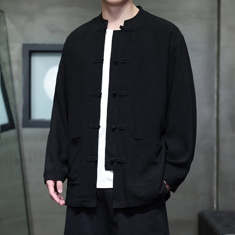 Casual Plain Color Frog-button Linen Men's Jacket Shirt With Pockets