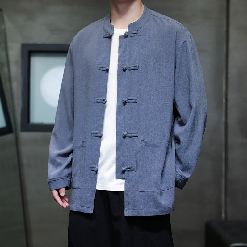 Casual Plain Color Frog-button Linen Men's Jacket Shirt With Pockets