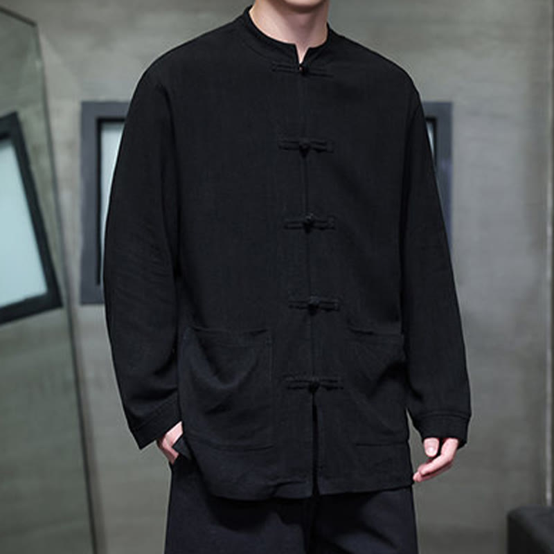 Casual Plain Color Frog-button Linen Men's Jacket Shirt With Pockets