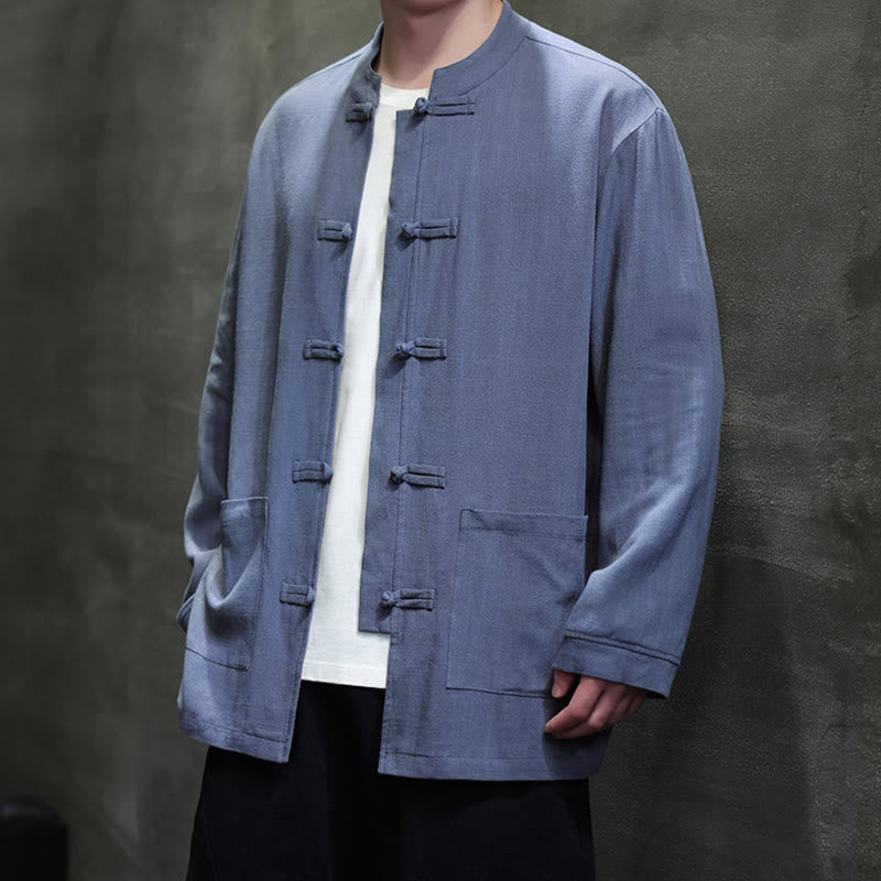 Casual Plain Color Frog-button Linen Men's Jacket Shirt With Pockets