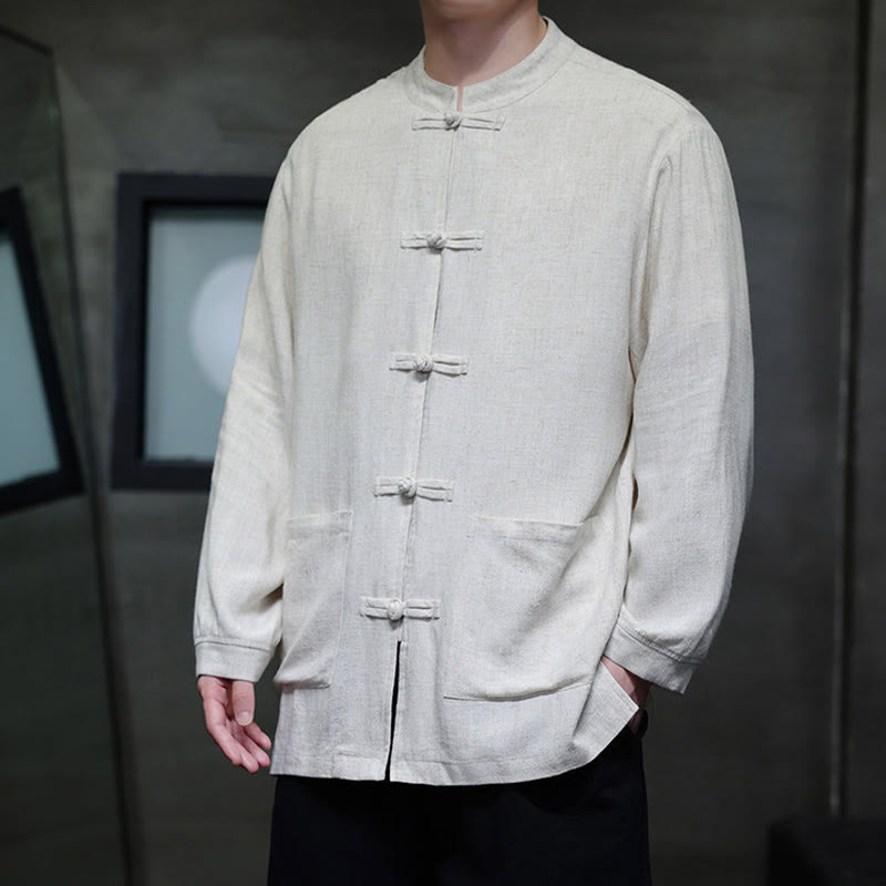 Casual Plain Color Frog-button Linen Men's Jacket Shirt With Pockets