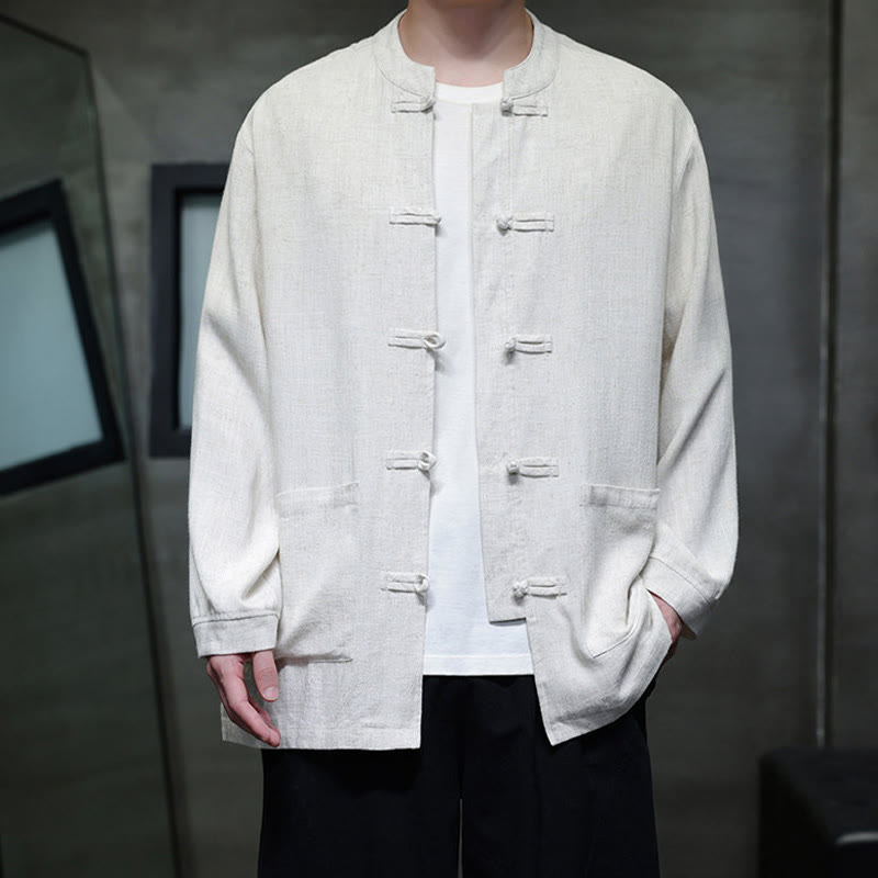 Casual Plain Color Frog-button Linen Men's Jacket Shirt With Pockets